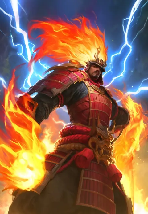 League of legends art of samurai god of firestorms, with flames and lightning, vibrant colors