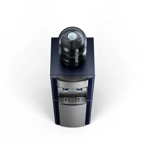 Floor-standing water cooler with stainless steel body, push-button taps, drip tray