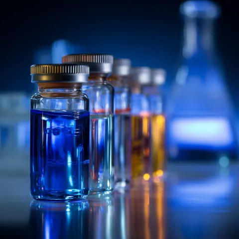 Stull life photo of medicl labs and vials and blue tones and medical but beautifully lit