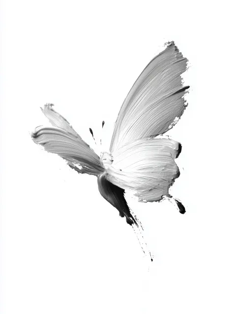 A single continuous brush stroke making the shape of a butterfly in flight. White background. Graphi