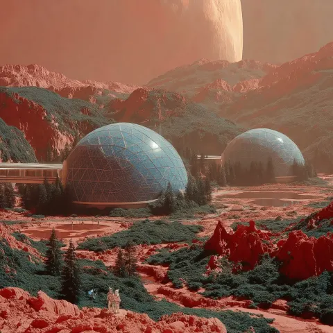 Mars Colony Base on Terraformed Mars with vegetation of the pacific northwest