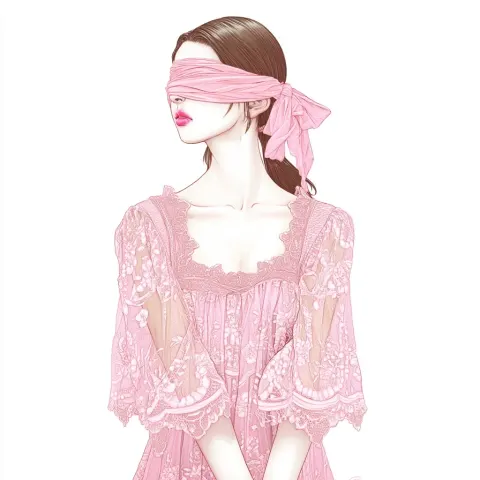 A girl wearing a pink lace dress stands in front of a white background with her eyes covered by a pi