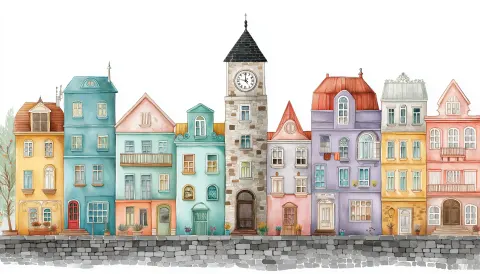 A row of colorful houses with different designs and patterns