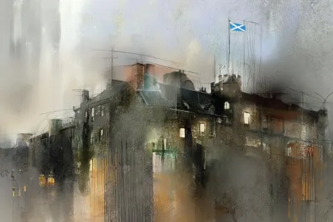Gritty hilltop Scottish castle, Scottish flag flying, vague tartan overlay