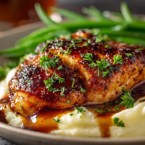 Close-up of honey garlic Cajun chicken glazed in a sticky, glossy sauce