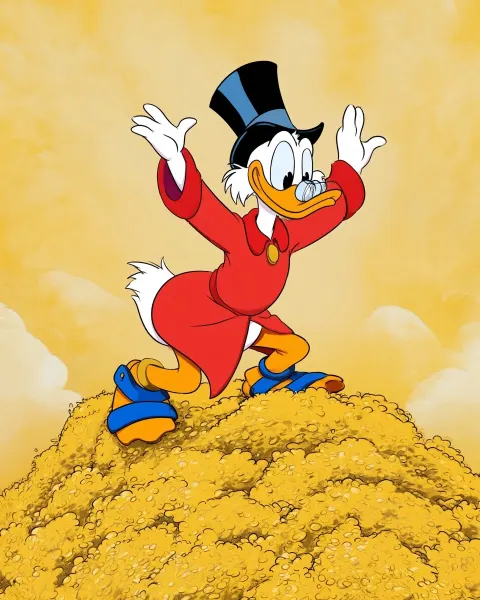 Scrooge McDuck is dancing on a mountain of gold. Cartoon style