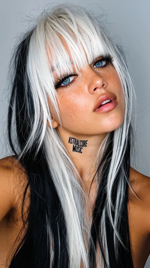 Beautiful cute European goth girl, black and platinum white long hair
