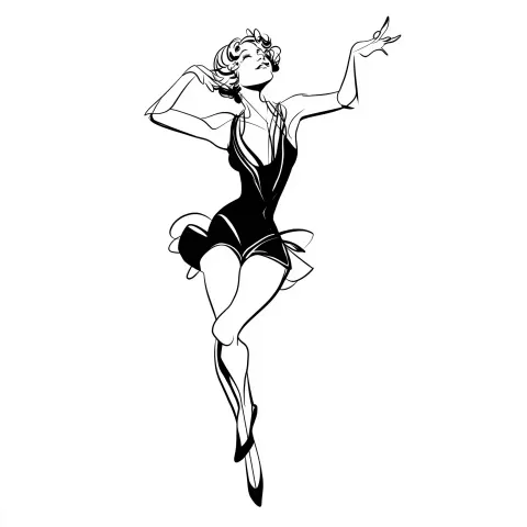 A black and white fine line drawing of a woman jazz dancer in the style of fosse and matisse