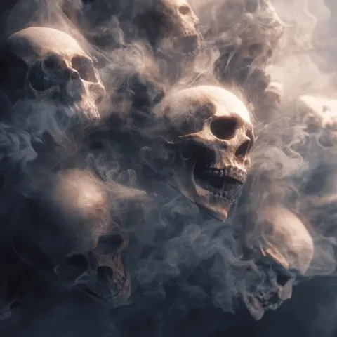 A swarm of skulls and skeletons in whisps of smoke