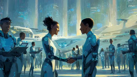 A hand-painted Solar Punk digital illustration of happy workers within a highly futuristic