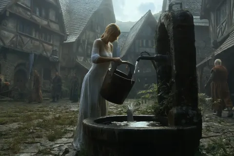 Cinematic artwork, A peaceful village square on an overcast summer day. A young woman is drawing wat