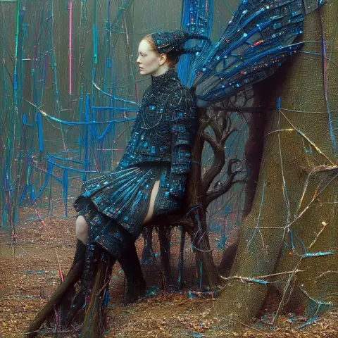 A cyberpunk forest where a tech faerie whose body and wings have cords, plugs
