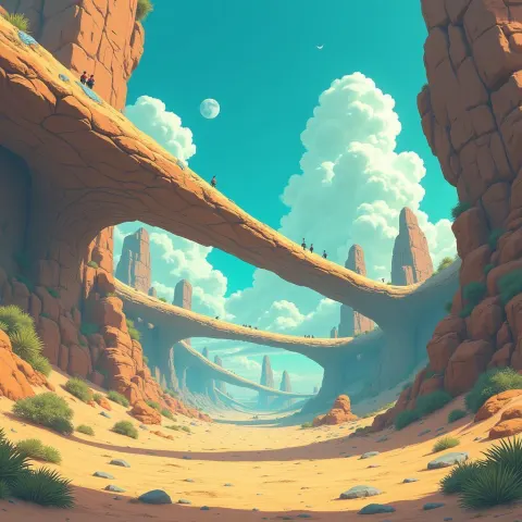 Spiral Stone Bridges Linking Floating Desert Rocks