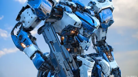 A hyper and Hudge-detailed "ARMORED CORE" liked robot in a futuristic sci-fi world