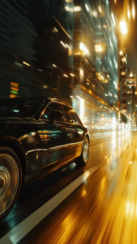 Luxury car driving through a modern city at night, cinematic scene, ultra realistic