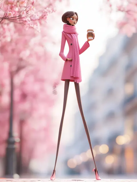 A stylized 3D female character, fashion illustration style, elegant slim body small head