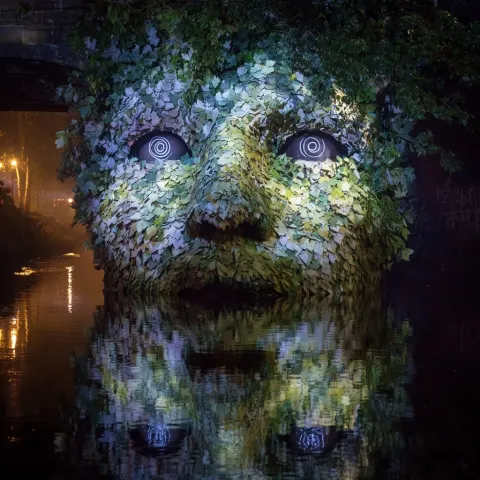 An immersive art installation sitting in a creek of water at night and is a face made of white leave