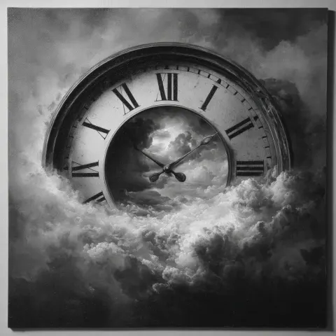 A surreal clock showing the time of 3 o’clock, clock in grayscale with oil painting style