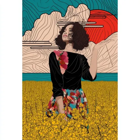 Rapeseed flowers, a cute Japanese woman, standing by the sea, beckoning, an artistic work