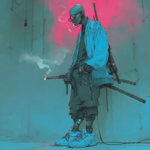 Abohemian German Solo Assassin in Cyber Punk with a bald head in his 30s. He wears 70's styled cloth