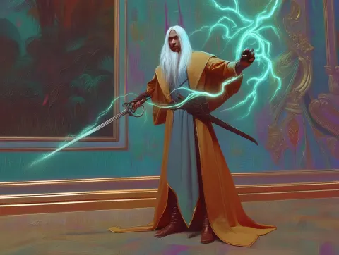 + new random electric character + Illusion Spells human Rogue game character+ white long hair + obje