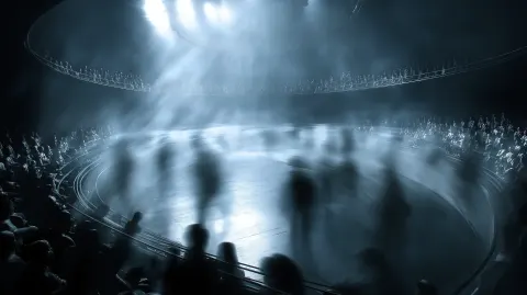 Create 3D conceptual art images depicting shadows of ghostly human silhouettes moving in perfect lin