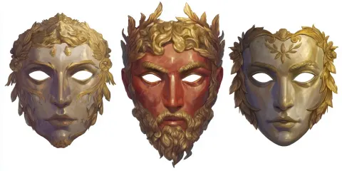 An theater greek inspired set of masks, white background, fantasy setting, D&D art