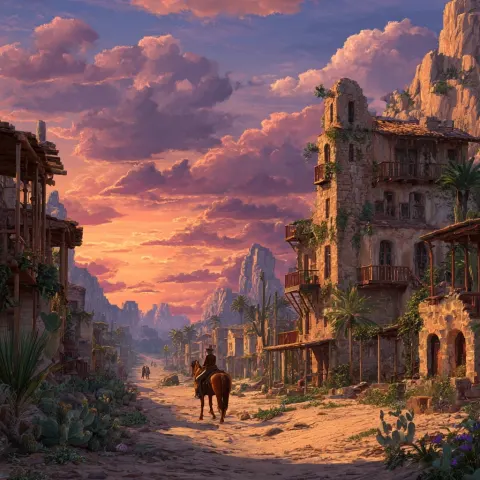 Fantasy western town with salt and oasis qualities with one horse and few people during the sunset a