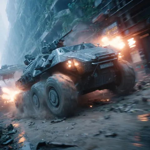 A 6 wheel sci fi military vehicle with a stealth look crashing into a combat zone at high velocity a