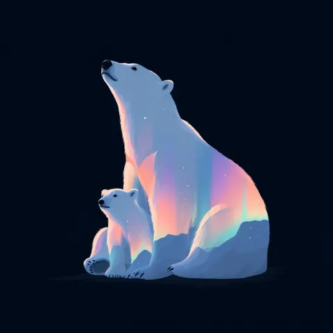 Polar bear sitting with polar bear cub, northern lights, logo style