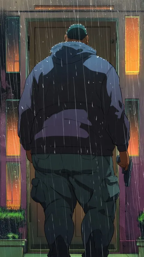 View from behind of a cool plus sized black man in a hoodie standing in front of an apartment front