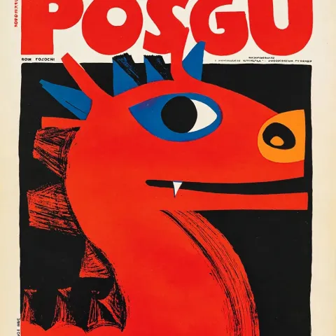 A dragon logo in Polish Art School style, Polska Szkoła Plakatu style