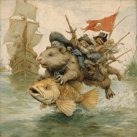 A fight between a beaver riding a carp and pirate men on a galleon