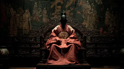 A Joseon Dynasty king is seated on the throne. The background is dark and black. The king's face doe