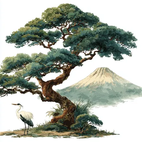 Classic japanese illustration of mount fuji, tree in the forgeound, Heron, anime