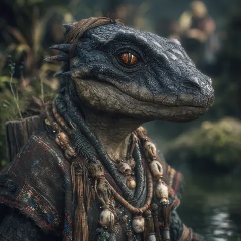 A black scaled lizardfolk with draconic eyes dressed in shamanic clothes with bones on them