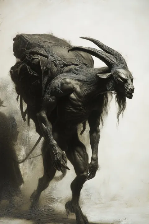 Hyper realistic pencil drawing of a grotesque and lithe/wiry/muscular goat-headed humanoid with a gi