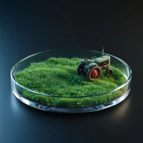 Create a photorealistic macro video shot. A transparent petri dish is placed on a dark clean studio