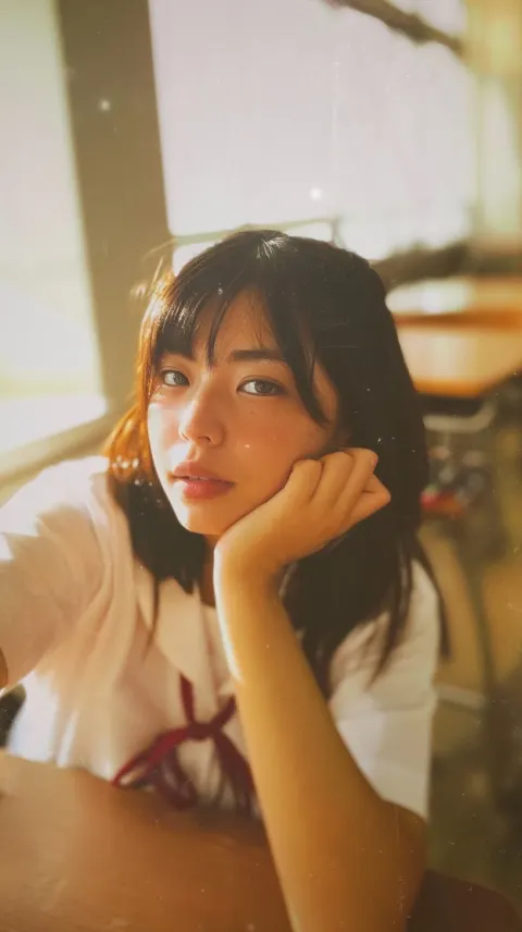 Smartphone camera photo, raw style, vertical shot. Classroom after school. The same baby-faced