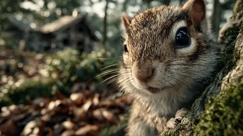 A small squirrel moving playfully on a tree trunk in a peaceful forest