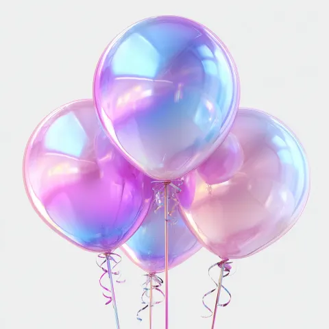 3d glossy holographic balloons with ribbons, on a white background, in shades of pink, purple