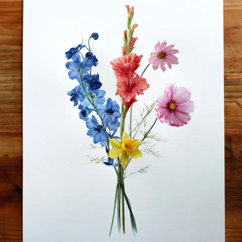 A bouquet of three larkspur, one Jonquil, one gladiola, one cosmos, watercolor, minimalist