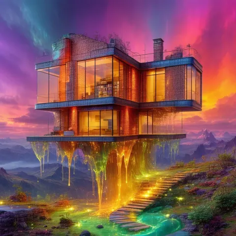 Surreal Melting House Afloat in Dreamscape