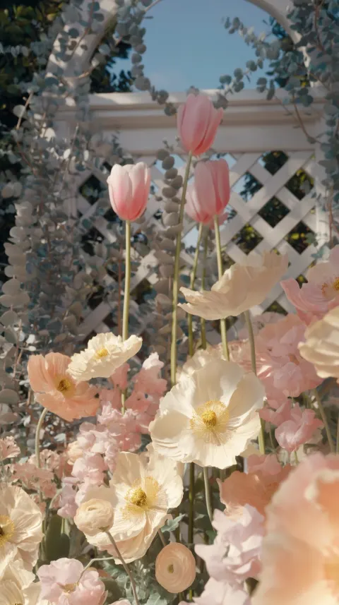 A captivating and dreamlike floral arrangement set against a classic white lattice trellis in a sun-
