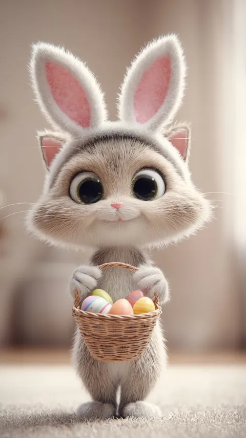 A cute anthropomorphic cat in Easter theme, bunny ear tiara