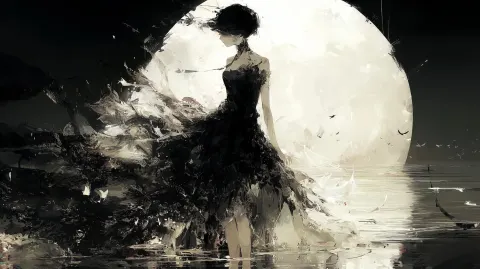 A pale blue moonlit lake at night. A beautiful woman in a black dress stands in the water