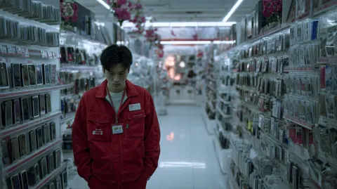A weary-looking 24-year-old Japanese man, wearing the bright red uniform of an electronics retailer