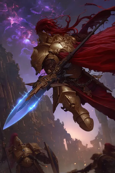Adeptus Custodes. Attacking with a blue glowing halberd. Long red cape. Dynamic pose. Action shot. r