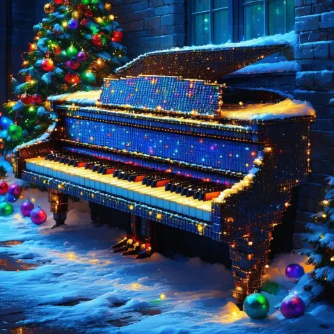 Eight Bit Piano Wrapped in Christmas Lights