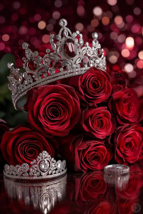 A photograph depicts an elegant crown placed atop a bouquet of red roses in full bloom